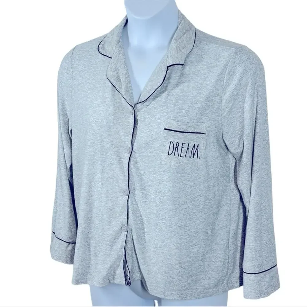 Rae Dunn Dream Gray Button Front Pajama Shirt Large - Picture 12 of 13